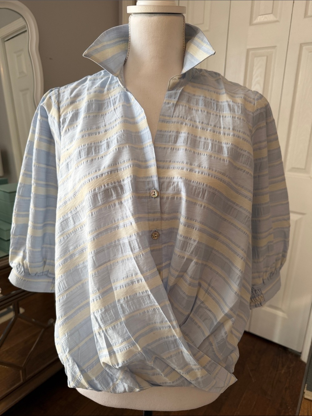 Chenault Blue & Cream Wrap-Style Top - Shorter Front, Super Flattering M ❤️ NWT